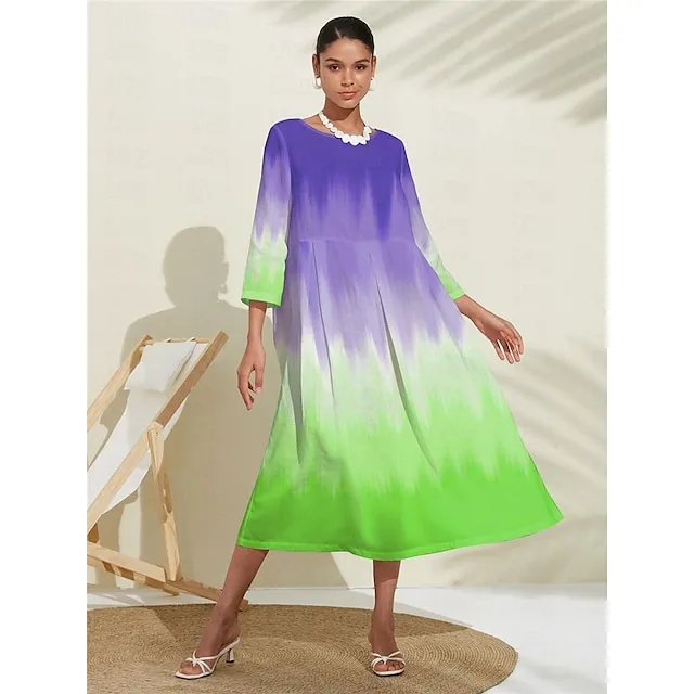 Women’s Casual Dress Swing Dress Ombre Pocket Print Crew Neck Long Dress Maxi Dress Streetwear Maxi Street Date 3/4 Length Sleeve Loose Fit Blue Purple Green Summer Spring S M L XL XXL 66ef0989012e8b6627f64978dbca7025