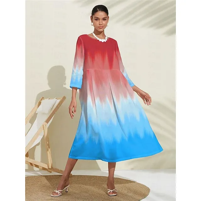 Women's Casual Dress Swing Dress Ombre Pocket Print Crew Neck Long Dress Maxi Dress Streetwear Maxi Street Date 3/4 Length Sleeve Loose Fit Blue Purple Green Summer Spring S M L XL XXL 889534ef21cae503c0aa1f1dc08d1577