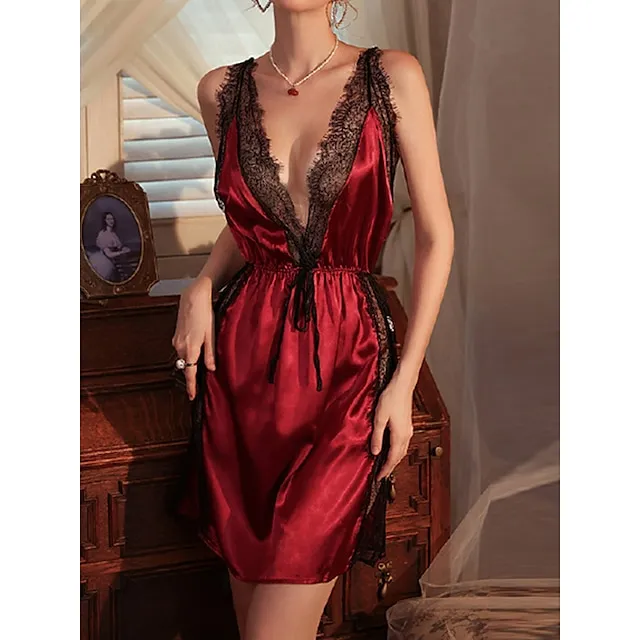 Women’s Pajamas Nightgown Nightshirt Dress 2 Pieces Patchwork Fashion Lovers Comfort Home Valentine’s Day Daily Satin Breathable Straps Sleeveless Backless Summer Spring Black White 7d474424bdf63e357eedfc7a69fd1260