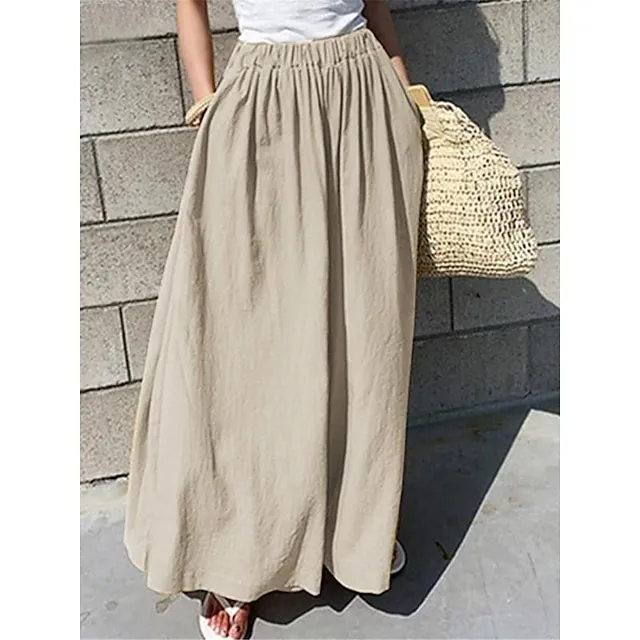 Women’s Wide Leg Linen Pants Pants Trousers Cotton Linen Plain Pocket Long High Waist Basic Casual Daily Wear Vacation Black Yellow S M Summer Spring 8da891bcdbb9afe6f96e96034ab94586