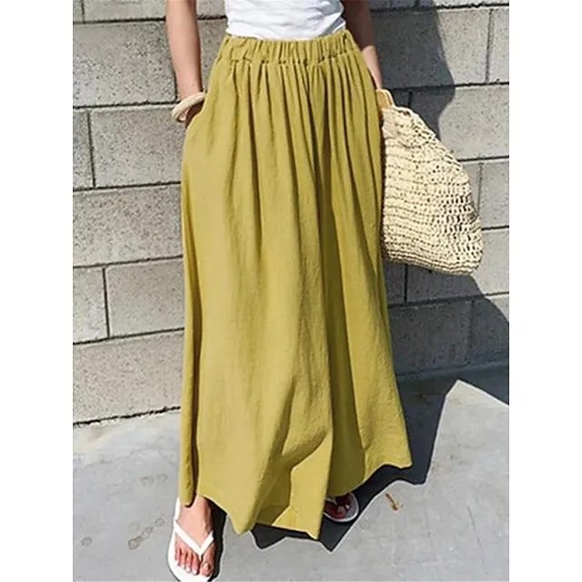 Women’s Wide Leg Linen Pants Pants Trousers Cotton Linen Plain Pocket Long High Waist Basic Casual Daily Wear Vacation Black Yellow S M Summer Spring 9beac1200293f5aba77de270bb20d662