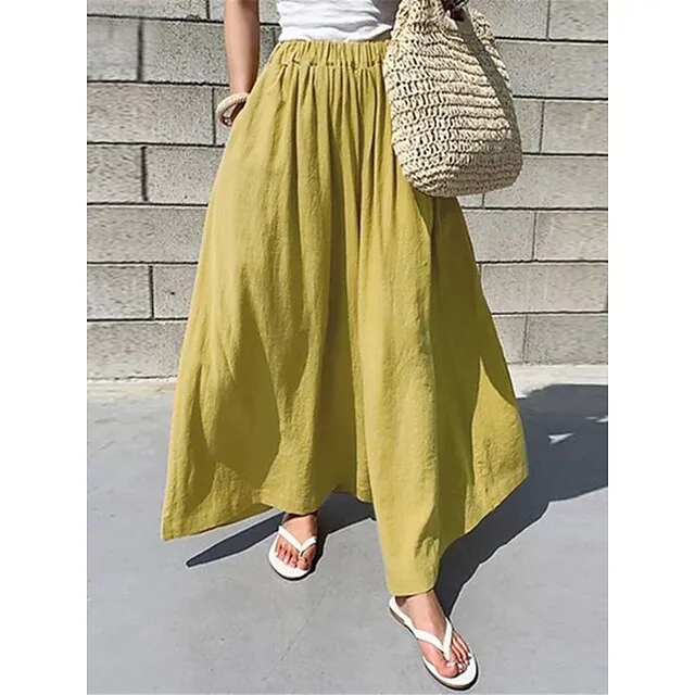 Women’s Wide Leg Linen Pants Pants Trousers Cotton Linen Plain Pocket Long High Waist Basic Casual Daily Wear Vacation Black Yellow S M Summer Spring af41a5911c202ed59df688ebc1a2df76