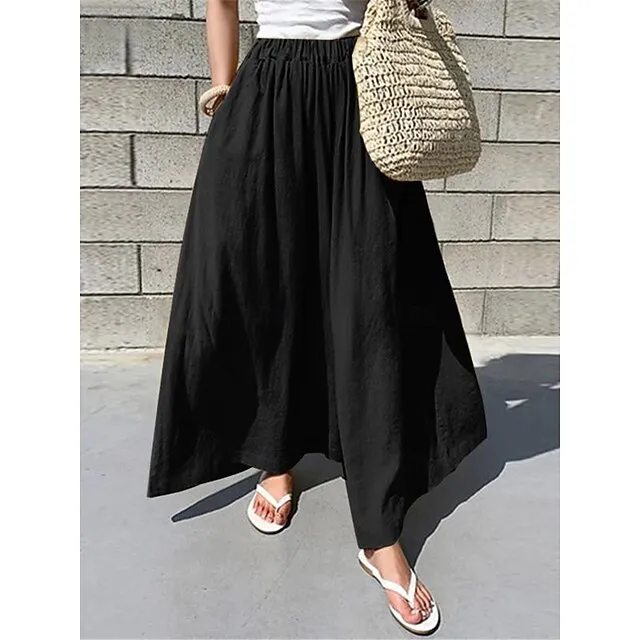 Women’s Wide Leg Linen Pants Pants Trousers Cotton Linen Plain Pocket Long High Waist Basic Casual Daily Wear Vacation Black Yellow S M Summer Spring b4ed170345c558956013a195be96f741