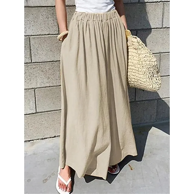 Women’s Wide Leg Linen Pants Pants Trousers Cotton Linen Plain Pocket Long High Waist Basic Casual Daily Wear Vacation Black Yellow S M Summer Spring e25577064c19f0467105cfdfd22fc984