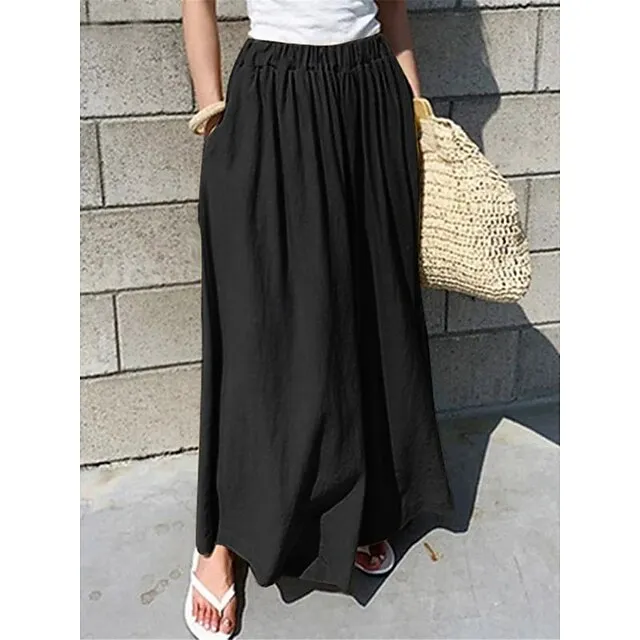 Women's Wide Leg Linen Pants Pants Trousers Cotton Linen Plain Pocket Long High Waist Basic Casual Daily Wear Vacation Black Yellow S M Summer Spring e2cfcb8bceff9df7fed9870bbe625799