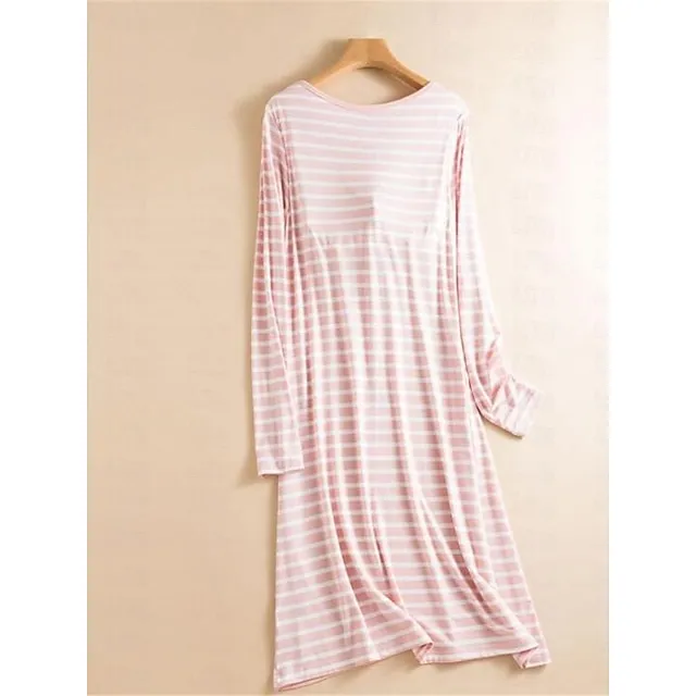 Women’s Pajamas Nightgown Nightshirt Dress Stripe Fashion Comfort Home Daily Bed Modal Breathable Crew Neck Long Sleeve Summer Black Pink 123bb067efaf707dbb265dd2223b934c