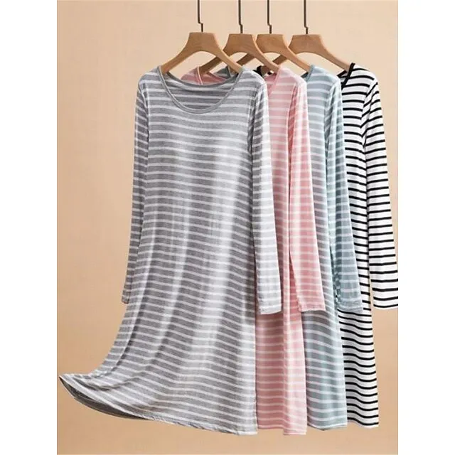 Women's Pajamas Nightgown Nightshirt Dress Stripe Fashion Comfort Home Daily Bed Modal Breathable Crew Neck Long Sleeve Summer Black Pink 8da1c1da6c5071fafe1b4733a8af7167