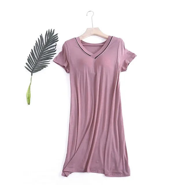 Women’s Pajamas Nightgown Nightshirt Dress Pure Color Simple Comfort Home Daily Bed Modal Breathable V Wire Short Sleeve Summer Black Pink 40325a7fc980aa81679a95710930d6ea