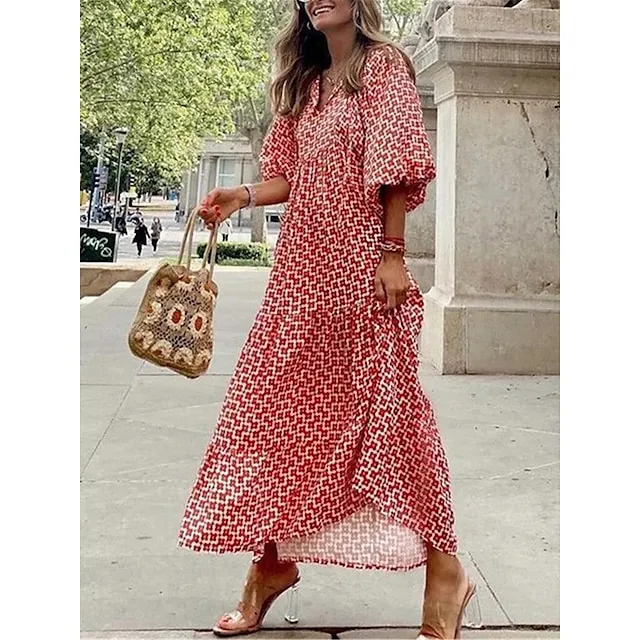 Women’s Casual Dress Summer Dress Floral Geometric Print Crew Neck Long Dress Maxi Dress Bohemia Streetwear Street Holiday 3/4 Length Sleeve Regular Fit Wine Red Blue Summer S M L XL 2XL 220bb81e1cfff506d1ecf79258ac3dd6