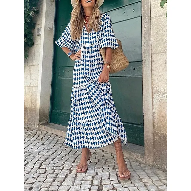 Women’s Casual Dress Summer Dress Floral Geometric Print Crew Neck Long Dress Maxi Dress Bohemia Streetwear Street Holiday 3/4 Length Sleeve Regular Fit Wine Red Blue Summer S M L XL 2XL 2afa80adba844936a3112cfd9c6daeeb