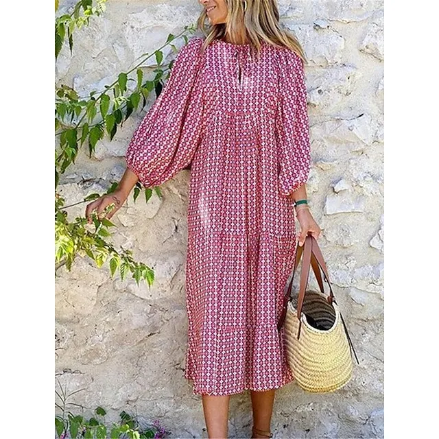 Women’s Casual Dress Summer Dress Floral Geometric Print Crew Neck Long Dress Maxi Dress Bohemia Streetwear Street Holiday 3/4 Length Sleeve Regular Fit Wine Red Blue Summer S M L XL 2XL 713294bb1f1b4034b947871a3ee37d42