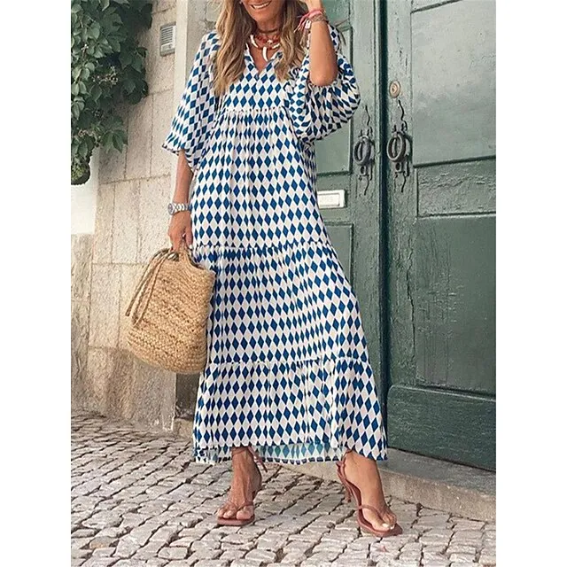 Women's Casual Dress Summer Dress Floral Geometric Print Crew Neck Long Dress Maxi Dress Bohemia Streetwear Street Holiday 3/4 Length Sleeve Regular Fit Wine Red Blue Summer S M L XL 2XL 8796d108e325ef6af02ab358bffb6f5f