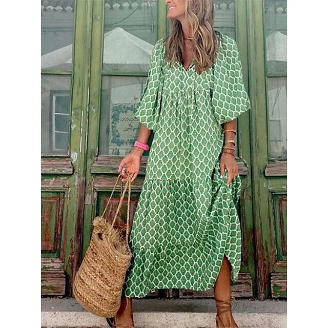 Women’s Casual Dress Summer Dress Floral Geometric Print Crew Neck Long Dress Maxi Dress Bohemia Streetwear Street Holiday 3/4 Length Sleeve Regular Fit Wine Red Blue Summer S M L XL 2XL 980057eae6d2de23c30c1db0a91db4d9