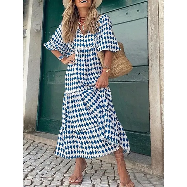 Women’s Casual Dress Summer Dress Floral Geometric Print Crew Neck Long Dress Maxi Dress Bohemia Streetwear Street Holiday 3/4 Length Sleeve Regular Fit Wine Red Blue Summer S M L XL 2XL a35e4bb99f6496ec518033a68761c2a1