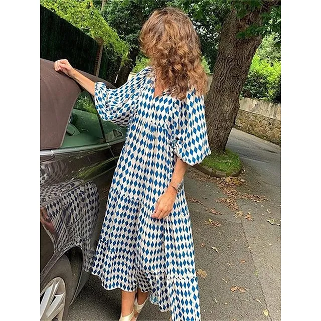 Women’s Casual Dress Summer Dress Floral Geometric Print Crew Neck Long Dress Maxi Dress Bohemia Streetwear Street Holiday 3/4 Length Sleeve Regular Fit Wine Red Blue Summer S M L XL 2XL a54eb3520023d02752b55c7619a94af4