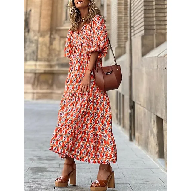 Women’s Casual Dress Summer Dress Floral Geometric Print Crew Neck Long Dress Maxi Dress Bohemia Streetwear Street Holiday 3/4 Length Sleeve Regular Fit Wine Red Blue Summer S M L XL 2XL b7db650d969f4035fdc5e08c96fecd51