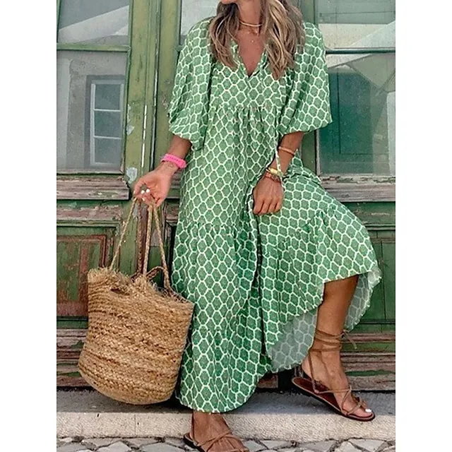 Women’s Casual Dress Summer Dress Floral Geometric Print Crew Neck Long Dress Maxi Dress Bohemia Streetwear Street Holiday 3/4 Length Sleeve Regular Fit Wine Red Blue Summer S M L XL 2XL cc8826777fe338deac9be44743a19cee