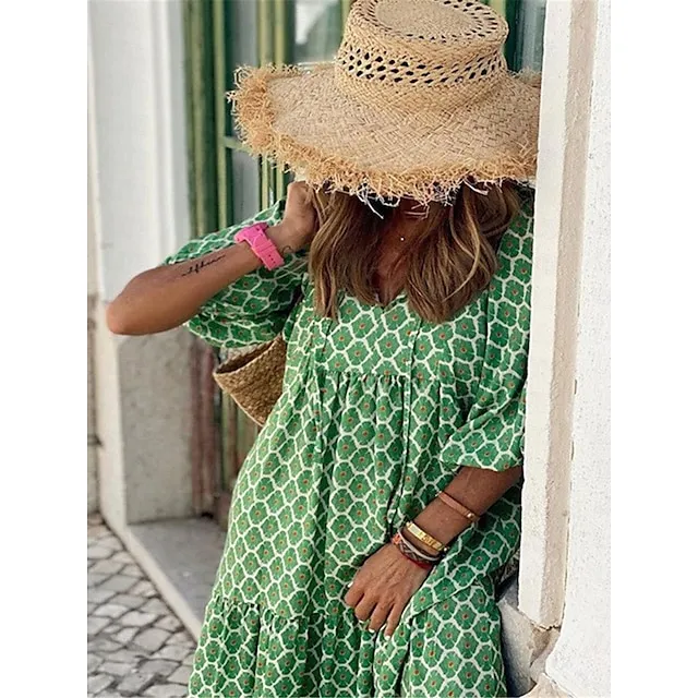 Women’s Casual Dress Summer Dress Floral Geometric Print Crew Neck Long Dress Maxi Dress Bohemia Streetwear Street Holiday 3/4 Length Sleeve Regular Fit Wine Red Blue Summer S M L XL 2XL f9d3e98200b4202901a04d699880f605