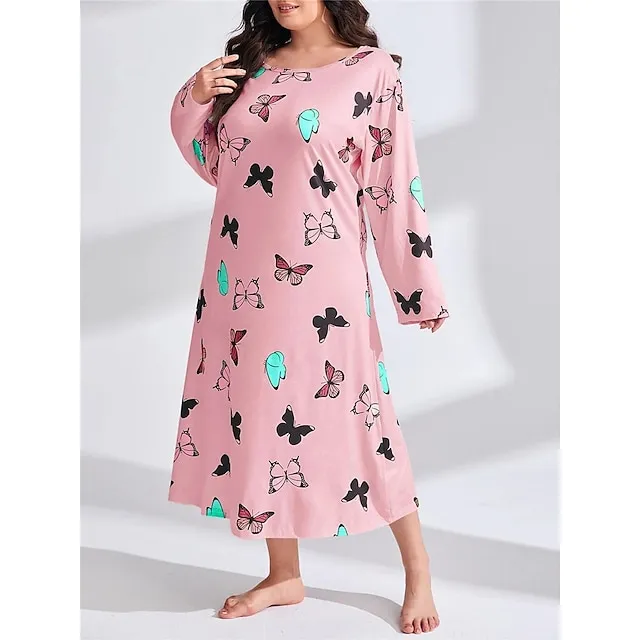 Women’s Plus Size Pajamas Sleepwear Nightshirt Sleep Shirt Heart Butterfly Fashion Casual Home Bed Polyester Comfort Breathable Crew Neck Long Sleeve Spring Purple black Lotus Pink 091dadbbfc4fdceb02448c81d8cbc49f
