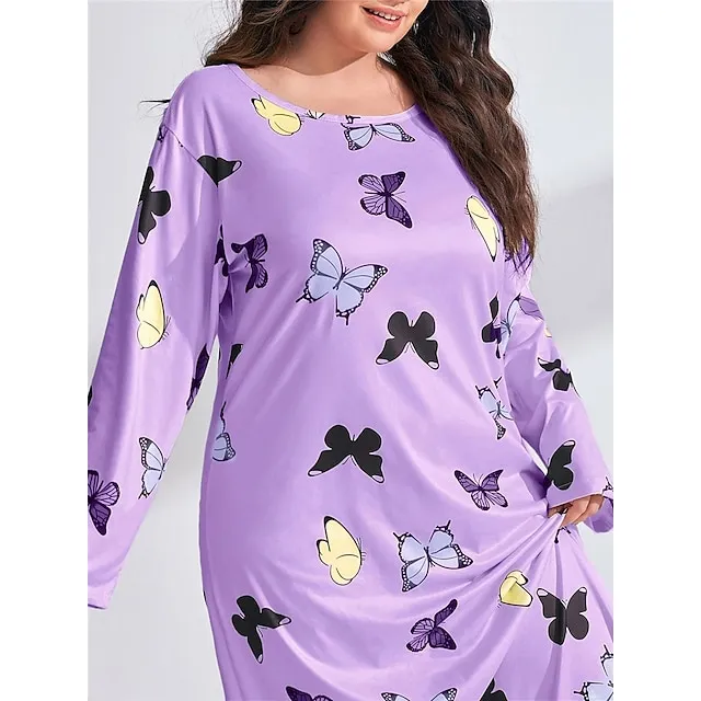 Women’s Plus Size Pajamas Sleepwear Nightshirt Sleep Shirt Heart Butterfly Fashion Casual Home Bed Polyester Comfort Breathable Crew Neck Long Sleeve Spring Purple black Lotus Pink 1c9891105a13702e8fb9dac0a4086236