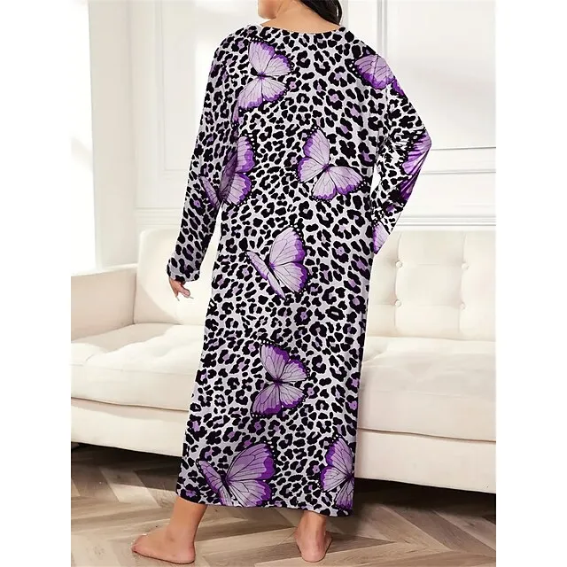 Women’s Plus Size Pajamas Sleepwear Nightshirt Sleep Shirt Heart Butterfly Fashion Casual Home Bed Polyester Comfort Breathable Crew Neck Long Sleeve Spring Purple black Lotus Pink 1df826a1594162c1a47ad654c479e215