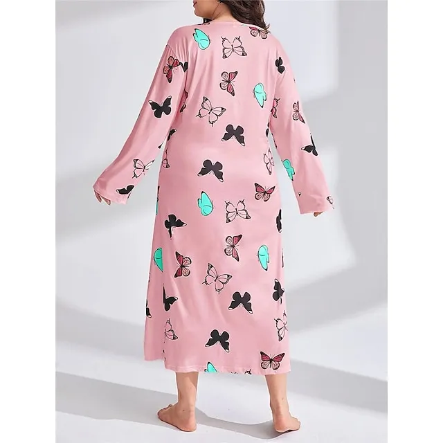 Women’s Plus Size Pajamas Sleepwear Nightshirt Sleep Shirt Heart Butterfly Fashion Casual Home Bed Polyester Comfort Breathable Crew Neck Long Sleeve Spring Purple black Lotus Pink 399203942c9a6b18f6cab4422f3ca103