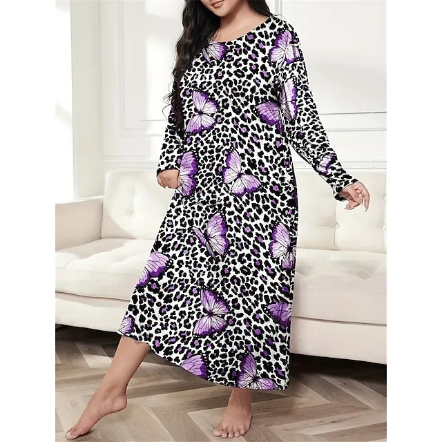 Women’s Plus Size Pajamas Sleepwear Nightshirt Sleep Shirt Heart Butterfly Fashion Casual Home Bed Polyester Comfort Breathable Crew Neck Long Sleeve Spring Purple black Lotus Pink 3a92e6198ac6312f453920ef0fbe083a