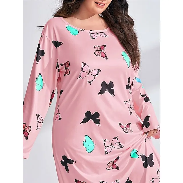 Women’s Plus Size Pajamas Sleepwear Nightshirt Sleep Shirt Heart Butterfly Fashion Casual Home Bed Polyester Comfort Breathable Crew Neck Long Sleeve Spring Purple black Lotus Pink 441526718bbfd65f2064067eedcfce7d
