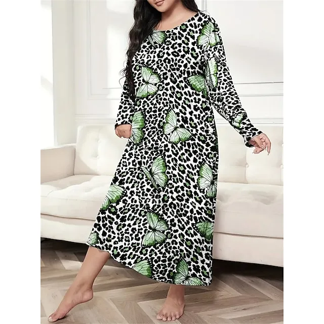 Women’s Plus Size Pajamas Sleepwear Nightshirt Sleep Shirt Heart Butterfly Fashion Casual Home Bed Polyester Comfort Breathable Crew Neck Long Sleeve Spring Purple black Lotus Pink 83eaef54569d8d72eb2a25342dcff70f