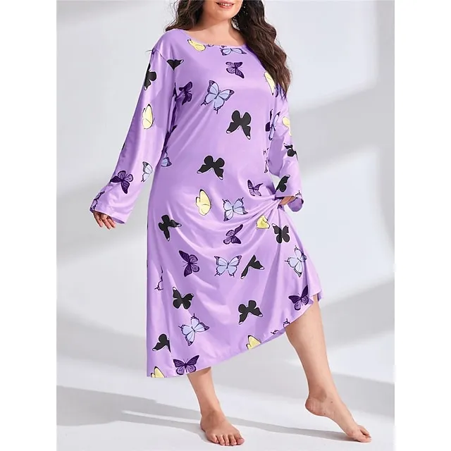 Women’s Plus Size Pajamas Sleepwear Nightshirt Sleep Shirt Heart Butterfly Fashion Casual Home Bed Polyester Comfort Breathable Crew Neck Long Sleeve Spring Purple black Lotus Pink a7180ccc3531ec4c708e2db5a14f75d4