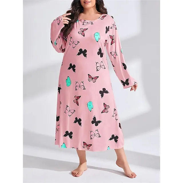 Women’s Plus Size Pajamas Sleepwear Nightshirt Sleep Shirt Heart Butterfly Fashion Casual Home Bed Polyester Comfort Breathable Crew Neck Long Sleeve Spring Purple black Lotus Pink ab5b94fbd0872ae6212291527ed57649