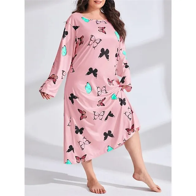 Women’s Plus Size Pajamas Sleepwear Nightshirt Sleep Shirt Heart Butterfly Fashion Casual Home Bed Polyester Comfort Breathable Crew Neck Long Sleeve Spring Purple black Lotus Pink b7bceee8687a2c5ad87dfb7e730f1e16