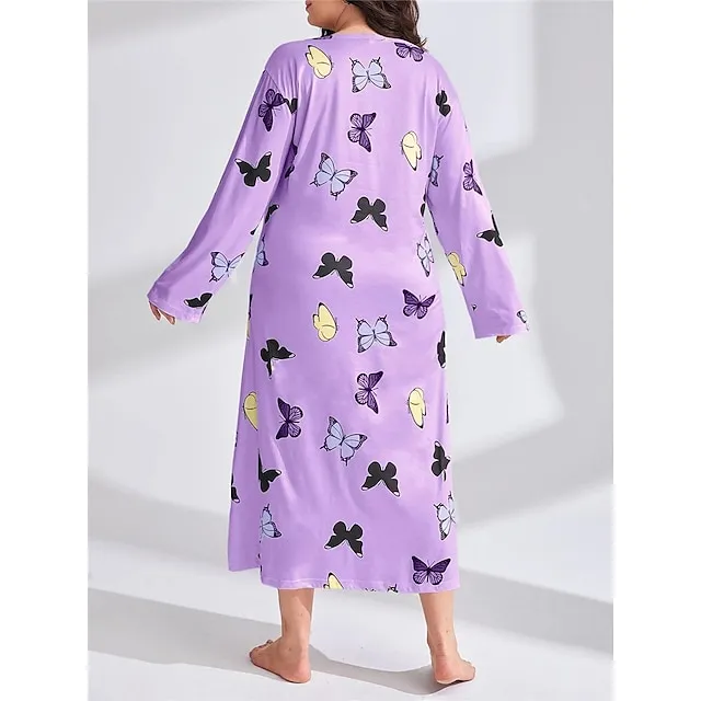 Women’s Plus Size Pajamas Sleepwear Nightshirt Sleep Shirt Heart Butterfly Fashion Casual Home Bed Polyester Comfort Breathable Crew Neck Long Sleeve Spring Purple black Lotus Pink d98848885c5a7fd9fb853e1040c6b0b3