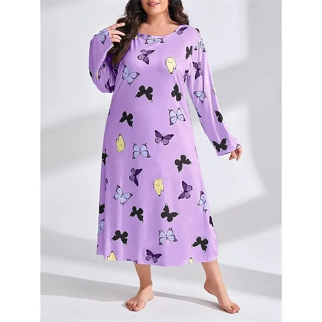 Women’s Plus Size Pajamas Sleepwear Nightshirt Sleep Shirt Heart Butterfly Fashion Casual Home Bed Polyester Comfort Breathable Crew Neck Long Sleeve Spring Purple black Lotus Pink f0cce488f72806c0151ad65624554093