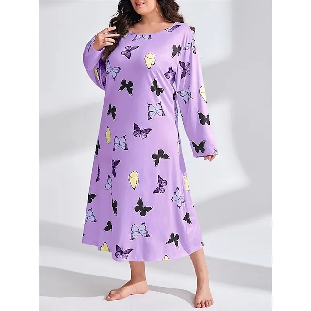 Women’s Plus Size Pajamas Sleepwear Nightshirt Sleep Shirt Heart Butterfly Fashion Casual Home Bed Polyester Comfort Breathable Crew Neck Long Sleeve Spring Purple black Lotus Pink f16a10ce9759f3b52352465a64a9a3fd