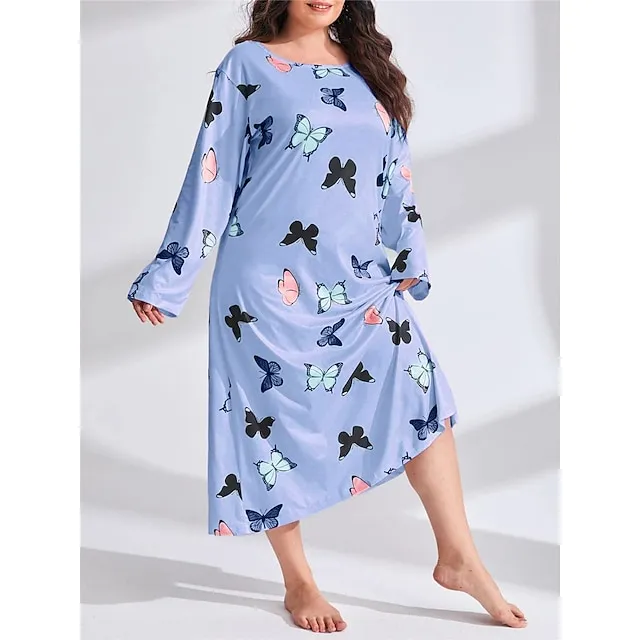 Women’s Plus Size Pajamas Sleepwear Nightshirt Sleep Shirt Heart Butterfly Fashion Casual Home Bed Polyester Comfort Breathable Crew Neck Long Sleeve Spring Purple black Lotus Pink fcfd5a78760908c4d0767d57a82afaee