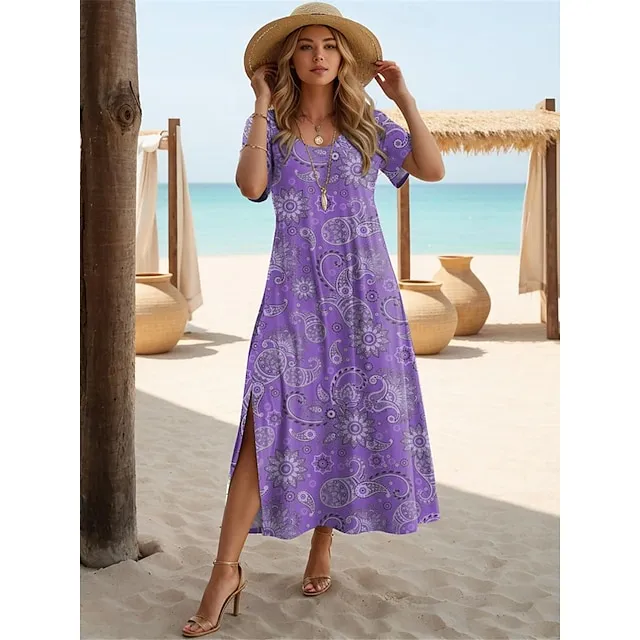 Women’s Paisley Dress Casual Dress Paisley Split Print Crew Neck Long Dress Maxi Dress Ethnic Tribal Street Holiday Short Sleeve Regular Fit Red Blue Purple Summer S M L XL 2XL 06de57565fe52ef503e013219f3d4ee4