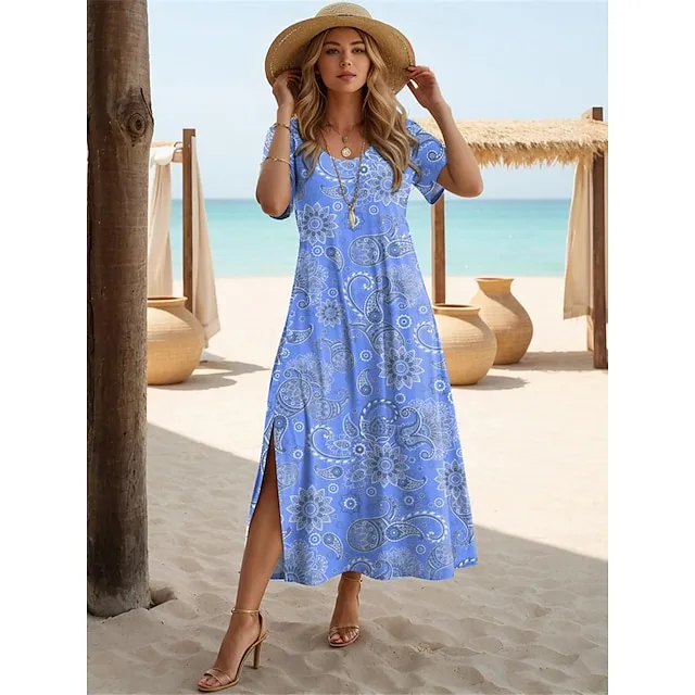 Women’s Paisley Dress Casual Dress Paisley Split Print Crew Neck Long Dress Maxi Dress Ethnic Tribal Street Holiday Short Sleeve Regular Fit Red Blue Purple Summer S M L XL 2XL 936f07a68d1f1b2520edbc7bee58424d