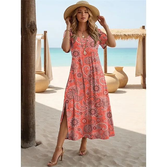 Women's Paisley Dress Casual Dress Paisley Split Print Crew Neck Long Dress Maxi Dress Ethnic Tribal Street Holiday Short Sleeve Regular Fit Red Blue Purple Summer S M L XL 2XL 94004b27a504e17ca57111b65d94270f