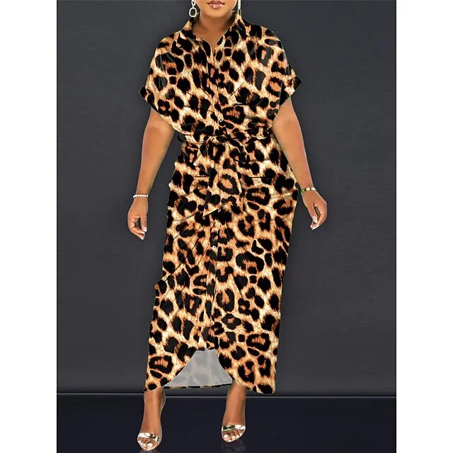 Women’s Casual Dress Sheath Dress Leopard Color Block Print Lace up Shirt Collar Long Dress Maxi Dress Streetwear Maxi Street Holiday Half Sleeve Regular Fit Red Blue Brown Summer S M L XL 2XL 0a6b6542b8ef5f615e0fee42a2ae132d