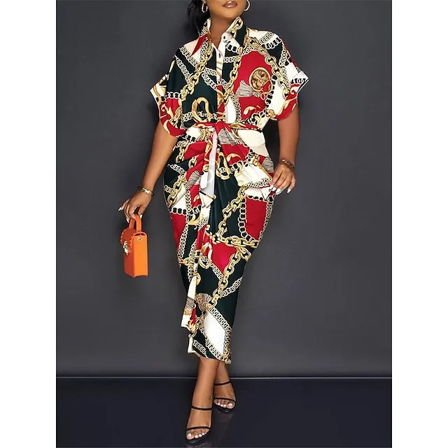 Women's Casual Dress Sheath Dress Leopard Color Block Print Lace up Shirt Collar Long Dress Maxi Dress Streetwear Maxi Street Holiday Half Sleeve Regular Fit Red Blue Brown Summer S M L XL 2XL a44e23e446da11d2599678cfd48eed96