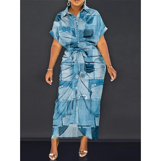 Women’s Casual Dress Sheath Dress Leopard Color Block Print Lace up Shirt Collar Long Dress Maxi Dress Streetwear Maxi Street Holiday Half Sleeve Regular Fit Red Blue Brown Summer S M L XL 2XL bbd9e7f0b093516d929aba602230617b