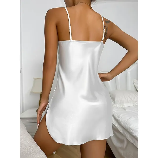 Women’s Pajamas Nightgown Nightshirt Dress Pure Color Fashion Lovers Comfort Home Daily Bed Satin Breathable Straps Sleeveless Backless Summer Spring Black White ed92b49846845e40cc5f98c73343a491