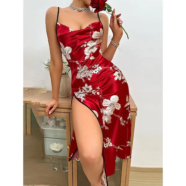 Women’s Pajamas Nightgown Nightshirt Dress Flower Fashion Comfort Sweet Home Daily Bed Satin Breathable Straps Sleeveless Backless Summer Spring Red 32d41dd810e2d3c143148d3e3911225b