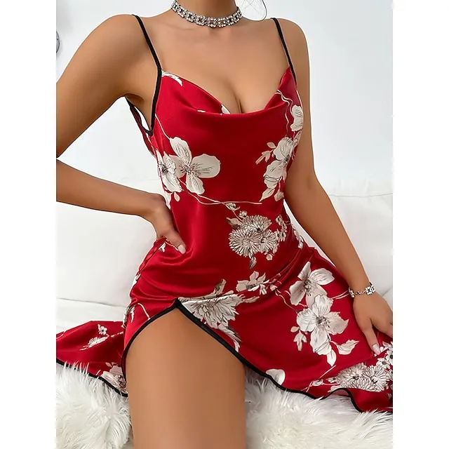 Women’s Pajamas Nightgown Nightshirt Dress Flower Fashion Comfort Sweet Home Daily Bed Satin Breathable Straps Sleeveless Backless Summer Spring Red 370f10e9c979e1f0ad1211fc59e42019