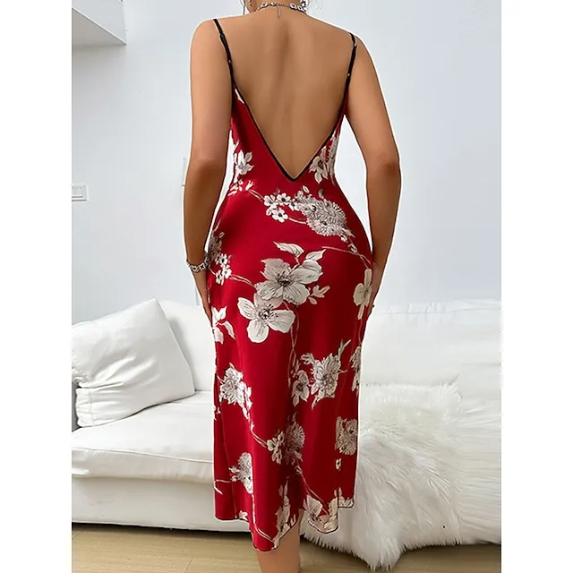Women’s Pajamas Nightgown Nightshirt Dress Flower Fashion Comfort Sweet Home Daily Bed Satin Breathable Straps Sleeveless Backless Summer Spring Red 76db4b30325b87a4298cbd39deccb0f3
