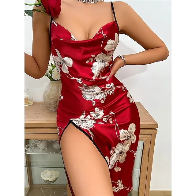 Women’s Pajamas Nightgown Nightshirt Dress Flower Fashion Comfort Sweet Home Daily Bed Satin Breathable Straps Sleeveless Backless Summer Spring Red 96ae69ef39ba71c869e00190c27fb0ed