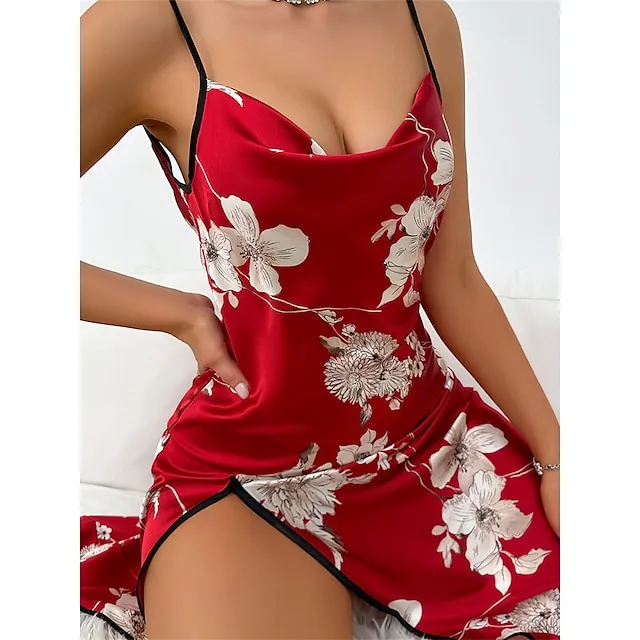 Women’s Pajamas Nightgown Nightshirt Dress Flower Fashion Comfort Sweet Home Daily Bed Satin Breathable Straps Sleeveless Backless Summer Spring Red b7bf3f31cc3249b638632e7655bd592e