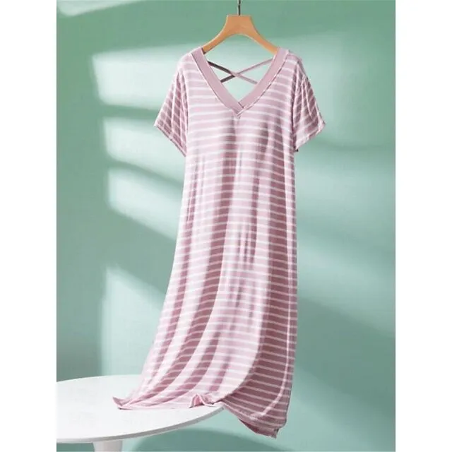 Women’s Pajamas Nightgown Nightshirt Dress Stripe Fashion Comfort Home Daily Bed Modal Breathable V Wire Short Sleeve Chest pads Summer Black Light Green 065033abe2ef3651892dc3b250ed3938