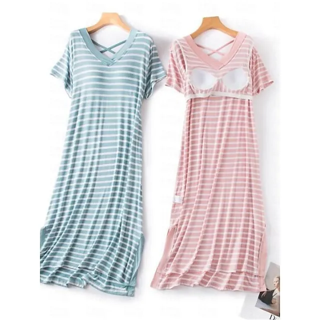 Women’s Pajamas Nightgown Nightshirt Dress Stripe Fashion Comfort Home Daily Bed Modal Breathable V Wire Short Sleeve Chest pads Summer Black Light Green 1065ba03a9e78d5a5ee2d5f03c09632f